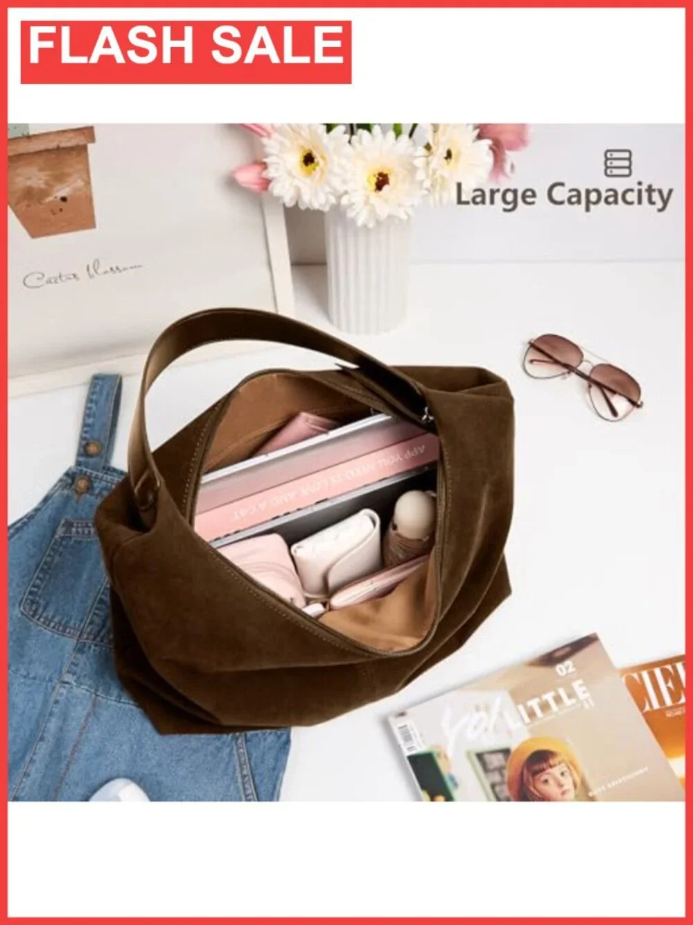 Slouchy Vegan Leather Crescent Hobo Tote Bag Zipper Shoulder Purse